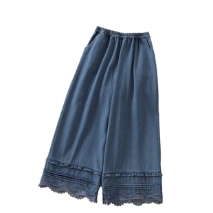 2025秋季复古甜美蕾丝花边牛仔裤女森系洋气文艺松紧腰宽松阔腿裤