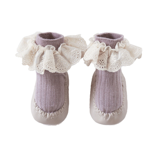 新款宝宝地板鞋袜软底中筒防掉学步鞋可爱公主婴儿学步花边鞋袜