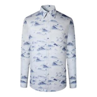 【丝绸质感】国风云山鹤鸣印花衬衫男士高级感商务休闲长袖衬衫男