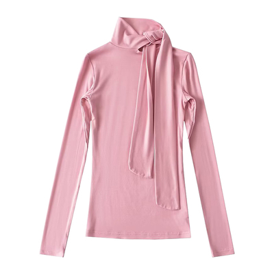 纯欲甜妹长袖系脖飘带打底衫上衣