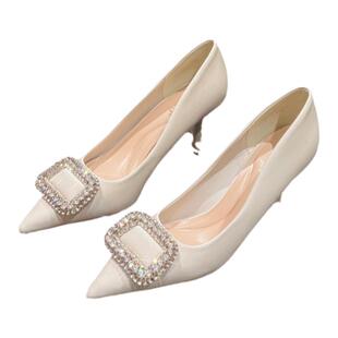 2025春夏新款气质细跟浅口单鞋设计感法式时尚百搭尖头工作高跟鞋