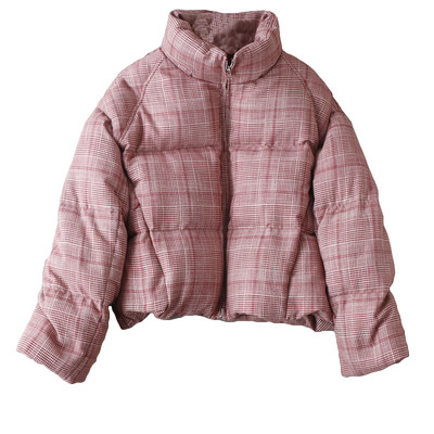 红色千鸟格立领85鸭绒羽绒服外套