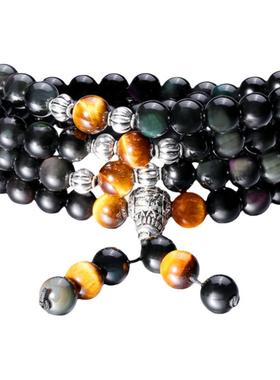 石玥珠宝 彩虹眼黑曜石手链 黑曜石配虎眼石佛珠手串男女士款8mm