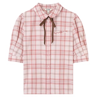 Eland衣恋衬衫上衣女美拉德学院风经典格纹泡泡袖短袖上衣