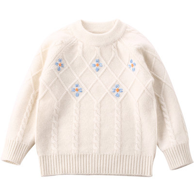 秋冬女童纯羊绒衫白色刺绣毛衣