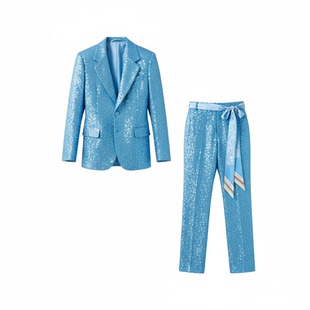 张杰明星同款蓝色高级感亮片西装春秋季演出舞台休闲气质西服外套
