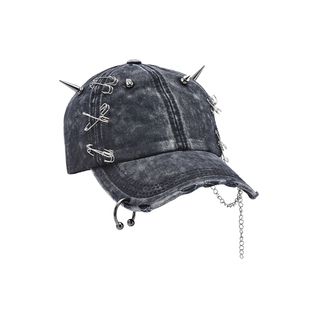 OCTO VITAremakey2k废土风铆钉圆环牛仔破洞做旧回形针棒球帽