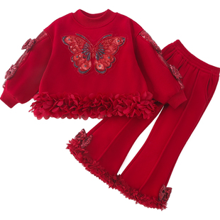 米米哈罗女童加绒套装冬装2025新款儿童新年装女孩卫衣长裤两件套