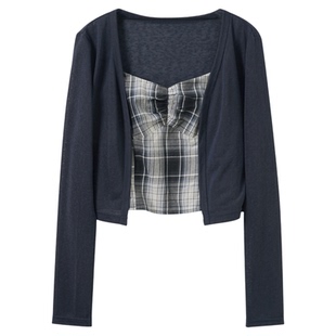 【莱赛尔】三彩2026春季新款开衫两件套长袖上衣格纹吊带套装M