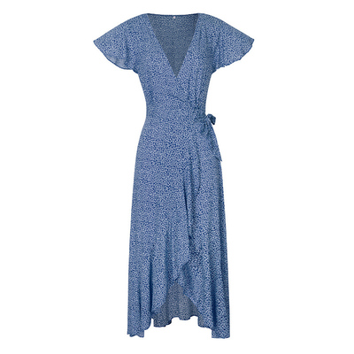 一片式人棉碎花法式收腰系带长裙