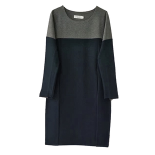 春秋加大码高端欧美简约长袖职业装弹力纯棉拼色时尚中长款连衣裙