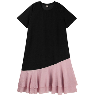 甜美度假风时尚拼接胖仙女莹莹大码女装胖mm夏长款遮肚撞色连衣裙