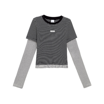 TurnSignal假两件条纹长袖T恤女