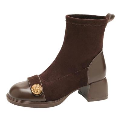 真皮棕色弹力靴子2025春秋季