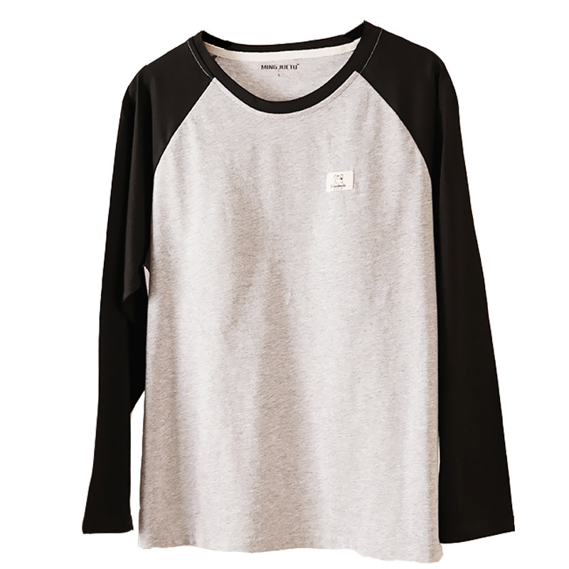 带胸垫纯棉长袖睡衣女宽松大码可外穿T恤春秋薄款上衣单件家居服