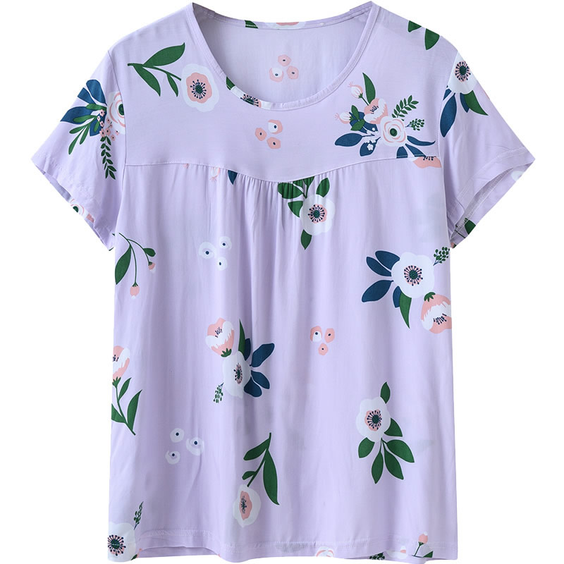 老人睡衣上衣单买夏季妈妈款宽松家居服短袖薄款大码女装棉绸圆领
