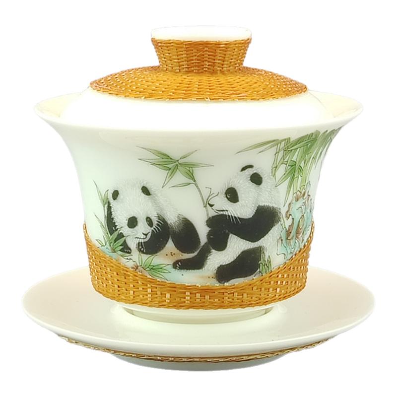 非遗手工竹编熊猫图案茶盖碗复古茶具编织工艺品商务送礼送外国人