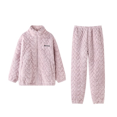女士睡衣冬季加厚珊瑚绒夹棉套装