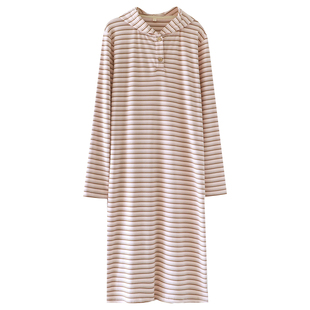 日系条纹女连帽长袖德绒睡裙春秋冬季居家中长款睡袍加厚加绒薄款