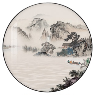 新中式圆形装饰画客厅入户玄关山水风景水墨画禅意茶室办公室挂画