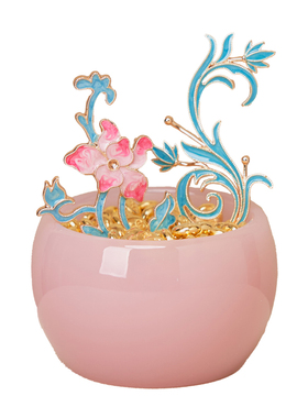 逅里《粉莲生》黄铜莲花枝聚宝盆 入户玄关装饰 粉色文房清供摆件