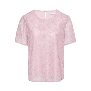 【花夏】JESSIE浪漫洋气绣花蕾丝衫女时尚短袖圆领粉色上衣女夏款