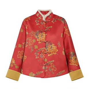 红色新中式国风女装2025新款棉服加厚保暖阔太太过年拜年真丝棉衣