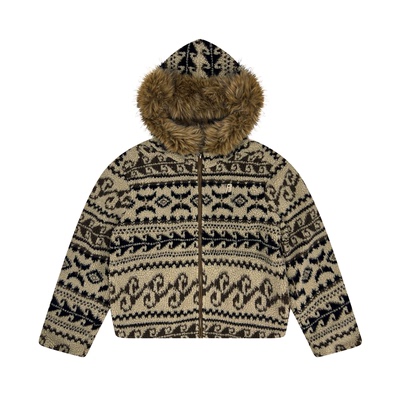 FDR官方店 费尔岛复古连帽秋冬2025新款棕色羊羔绒毛领加厚外套女