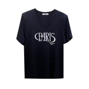 黑色正肩女t恤短袖2026新款爆款夏季凉快纯棉宽松刺绣v领垫肩上衣