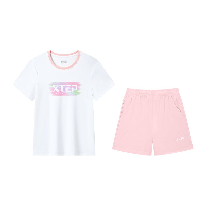 特步童装女童短袖套装夏季儿童速干运动服两件套夏装圆领速干套装