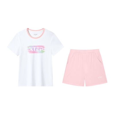 特步童装女童短袖套装夏季儿童速干运动服两件套夏装圆领速干套装