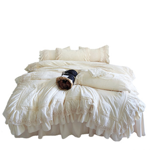 冬季法式雕花奶油风牛奶绒四件套加厚珊瑚绒镂空蕾丝被套公主床裙