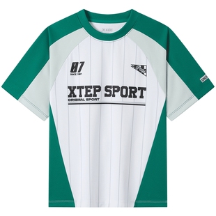 特步童装儿童夏季新款短袖t恤男童复古拼接上衣大童潮酷印花夏装