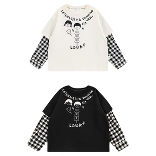 幼悠 男童2026新款长袖假两件休闲t恤春秋时尚纯棉耐穿儿童上衣潮