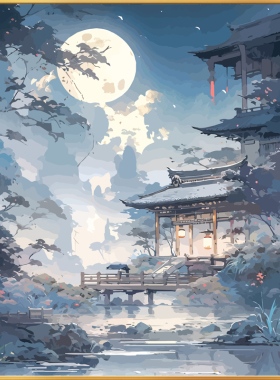 月满西楼中国风古风画画diy数字油画填充填色丙烯手工手绘油彩画