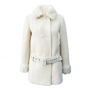 OTEBANBASS25SS双排扣复古风奶白羊毛绑带羽绒服大衣毛呢外套女士