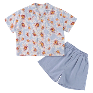 儿童夏季套装男童碎花衬衫沙滩2025新款宝宝洋气女童连衣裙兄妹装