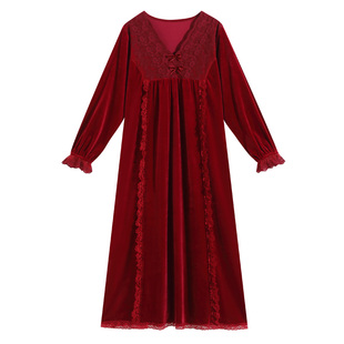 法式睡裙红色金丝绒睡衣女士本命年冬季女款高级晨袍女新娘冬睡袍