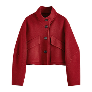 日着设计师品牌女装2025冬季新款红色过年澳毛立绒双面呢大衣外套