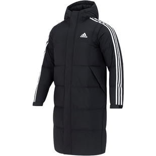 阿迪达斯黑色连帽羽绒服女士长款外套冬季新款运动服棉服男JG3840