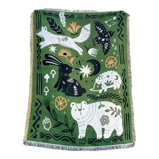 治愈系艺术复古绿色沙发毯盖毯挂毯装饰毯中古风沙发毯子露营毯