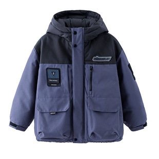 男童拼色冲锋衣工装羽绒服冬新款中大儿童户外防寒鸭绒外套草绿色