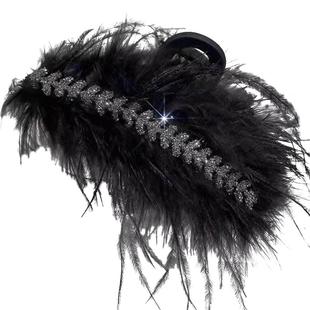 春季水钻羽毛抓夹高级感后脑勺盘发发夹毛绒鲨鱼夹子女头饰鸵鸟毛