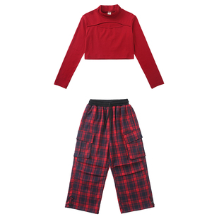 女童爵士舞演出潮服女团嘻哈红色格子工装直筒阔腿裤子jazz套装秋