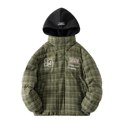 90白鸭绒撞色格子假两件羽绒服潮