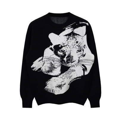 套头针织衫圆领猎豹提花毛衣高级