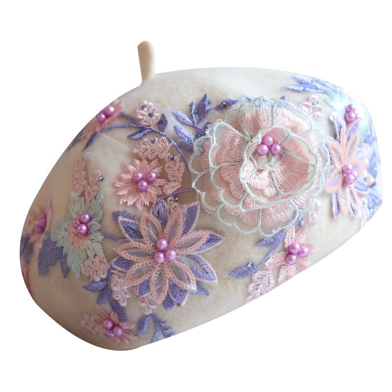 重工刺绣钉珠贝雷帽日系甜美花朵