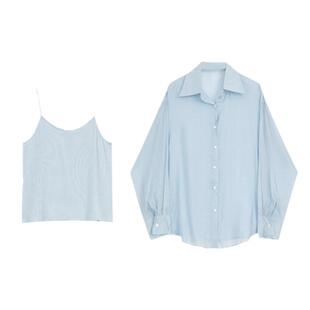 天蓝色天丝衬衫背心套装2025新款女装夏季吊带加开衫两件套上衣潮