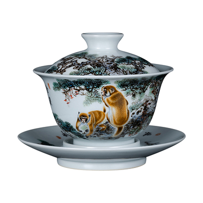 钟家窑窑主钟辉老师手绘粉彩《金猴献瑞》三才盖碗 景德镇泡茶碗