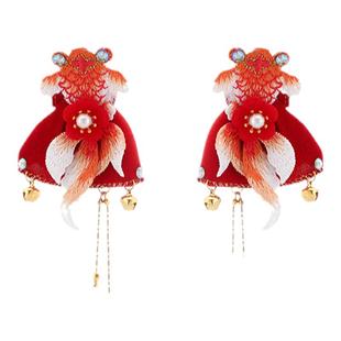 新款儿童喜庆汉服发饰红色刺绣金鱼头饰铃铛发夹古风女童毛球发饰